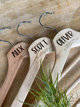 Load image into Gallery viewer, Timber Engraved Coat Hangers - Block Script Silver Belle Design
