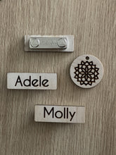 Load image into Gallery viewer, Timber Engraved Name Tags Silver Belle Design
