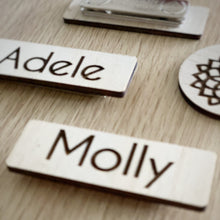 Load image into Gallery viewer, Timber Engraved Name Tags Silver Belle Design
