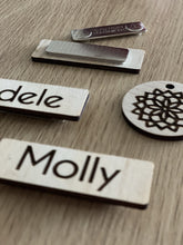 Load image into Gallery viewer, Timber Engraved Name Tags Silver Belle Design
