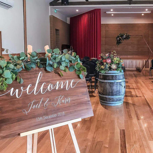 Timber Welcome Sign - Walnut Stain Silver Belle Design